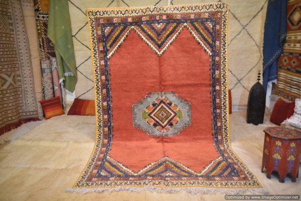 Red vintage Royal 80s Moroccan Rug, Very old luxe rug from morocco 9x6ft (3.03x1.98cm)