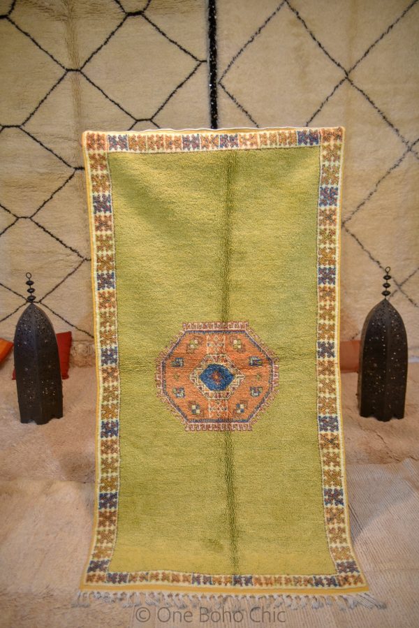 Taznakht rare green Moroccan rug authentic wool carpet,handmade Moroccan rug,vintage ,handmade Berber carpet 6.8Ft*3.5 Ft or 2.10 m * 1.08m