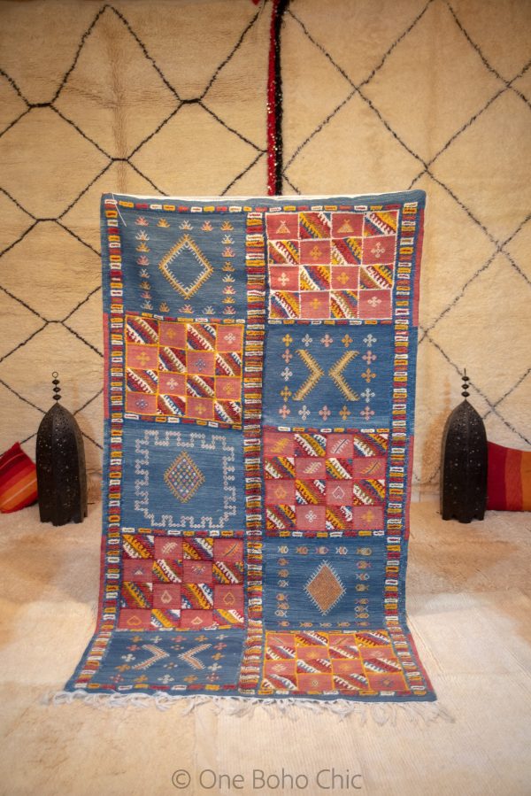 TAZNAKHT BERBER RUG - Geometric Area Rug - Red Blue Carpet - Hand Block Rugs - Antique Area Rug - Natural Wool Rug