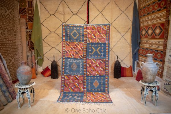 TAZNAKHT BERBER RUG - Geometric Area Rug - Red Blue Carpet - Hand Block Rugs - Antique Area Rug - Natural Wool Rug