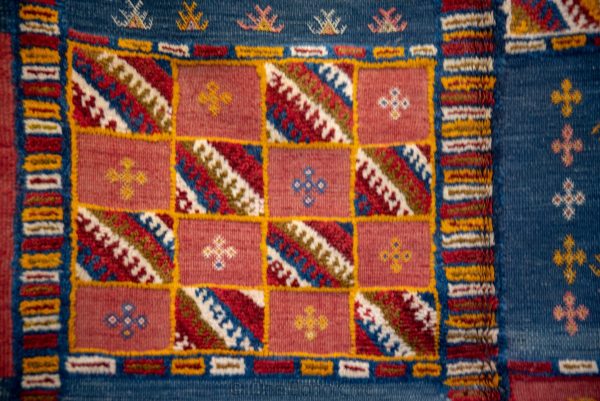 TAZNAKHT BERBER RUG - Geometric Area Rug - Red Blue Carpet - Hand Block Rugs - Antique Area Rug - Natural Wool Rug