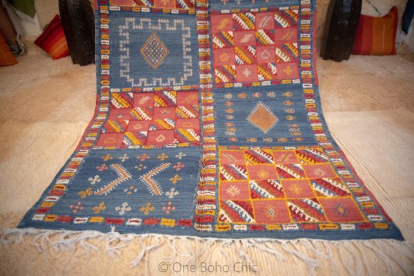 TAZNAKHT BERBER RUG - Geometric Area Rug - Red Blue Carpet - Hand Block Rugs - Antique Area Rug - Natural Wool Rug
