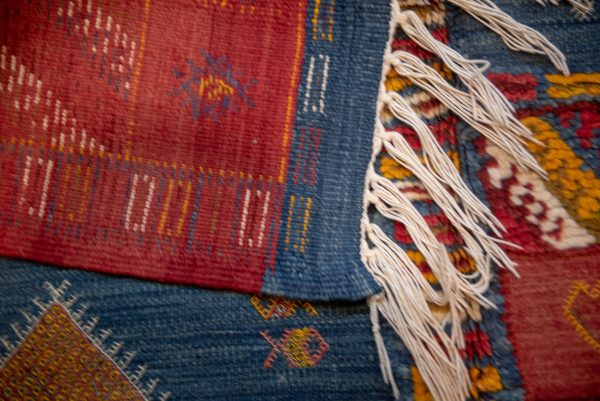 TAZNAKHT BERBER RUG - Geometric Area Rug - Red Blue Carpet - Hand Block Rugs - Antique Area Rug - Natural Wool Rug