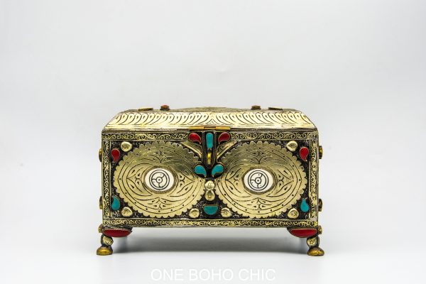 Vintage moroccan jewelry box made from copper and hand engraved with natural stone Chest - chest ethnic handmade wooden - chest ethnic