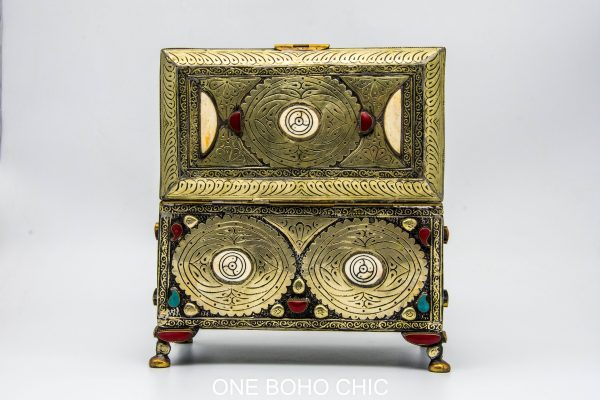 Vintage moroccan jewelry box made from copper and hand engraved with natural stone Chest - chest ethnic handmade wooden - chest ethnic