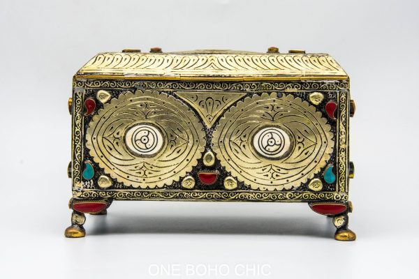 Vintage moroccan jewelry box made from copper and hand engraved with natural stone Chest - chest ethnic handmade wooden - chest ethnic