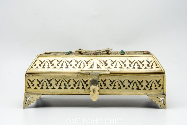 Vintage moroccan jewelry box made from copper and hand engraved with natural stone Chest - chest ethnic handmade wooden - chest ethnic