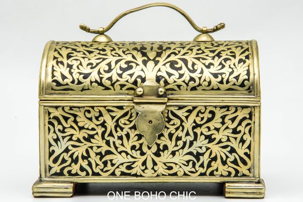 Vintage moroccan jewelry box made from copper and hand engraved with natural stone Chest - chest ethnic handmade wooden - chest ethnic