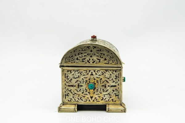 Vintage moroccan engraved copper decorated with beautiful natural stone - chest ethnic handmade wooden - chest ethnic