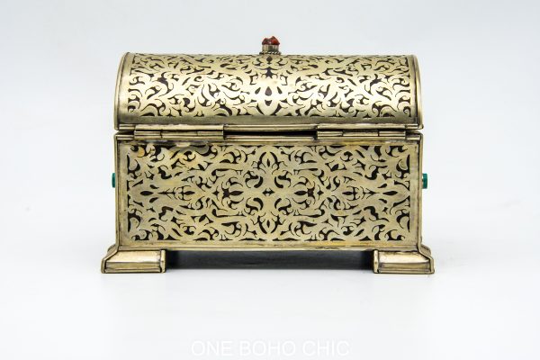 Vintage moroccan engraved copper decorated with beautiful natural stone - chest ethnic handmade wooden - chest ethnic