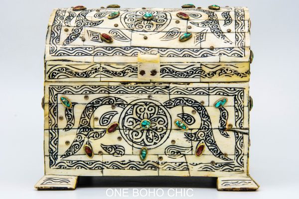Old royal engraved chest decorated with beautiful natural stone - chest ethnic handmade wooden