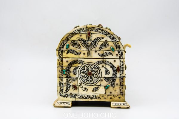Old royal engraved chest decorated with beautiful natural stone - chest ethnic handmade wooden