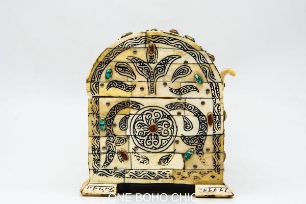 Old royal engraved chest decorated with beautiful natural stone - chest ethnic handmade wooden