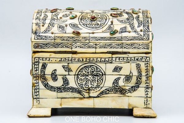 Old royal engraved chest decorated with beautiful natural stone - chest ethnic handmade wooden