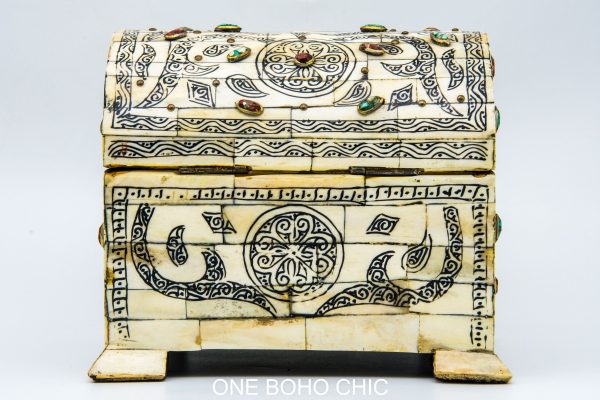 Old royal engraved chest decorated with beautiful natural stone - chest ethnic handmade wooden
