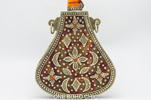 Antique Moroccan Wood Hand Painted Decorative Water Bottle - Old Ethnic Wood and metal Bottle Berber Morocco