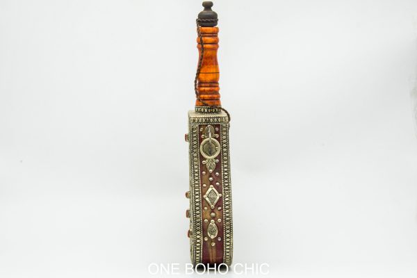 Antique Moroccan Wood Hand Painted Decorative Water Bottle - Old Ethnic Wood and metal Bottle Berber Morocco
