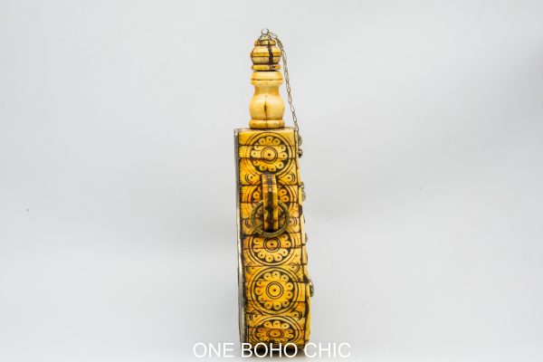 Antique Moroccan Wood Hand Painted Decorative Water Bottle - Old Ethnic Wood and metal Bottle Berber Morocco