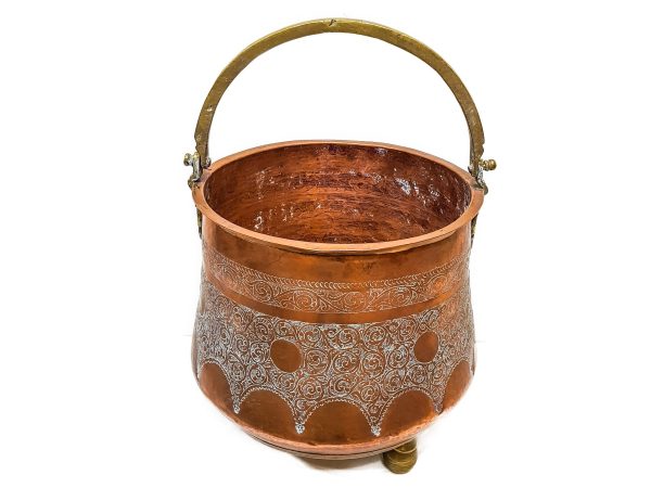 Moroccan large copper - Brass footed pot with handle from Morocco - Very beautiful moroccan antique decor