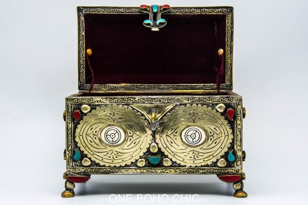 Vintage moroccan jewelry box made from copper and hand engraved with natural stone Chest - chest ethnic handmade wooden - chest ethnic