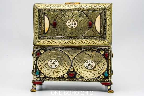 Vintage moroccan jewelry box made from copper and hand engraved with natural stone Chest - chest ethnic handmade wooden - chest ethnic