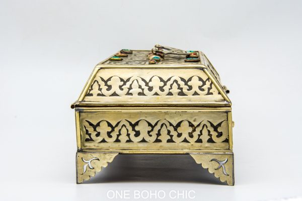 Vintage moroccan jewelry box made from copper and hand engraved with natural stone Chest - chest ethnic handmade wooden - chest ethnic