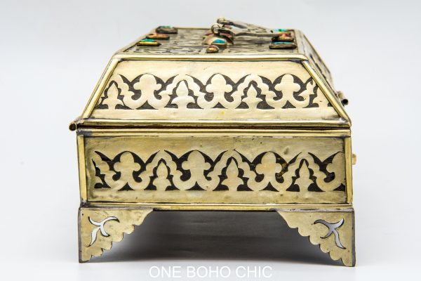 Vintage moroccan jewelry box made from copper and hand engraved with natural stone Chest - chest ethnic handmade wooden - chest ethnic