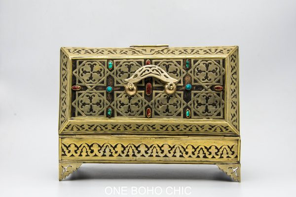 Vintage moroccan jewelry box made from copper and hand engraved with natural stone Chest - chest ethnic handmade wooden - chest ethnic