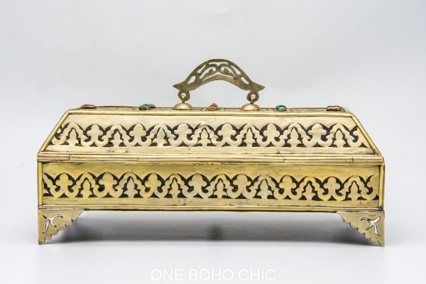 Vintage moroccan jewelry box made from copper and hand engraved with natural stone Chest - chest ethnic handmade wooden - chest ethnic