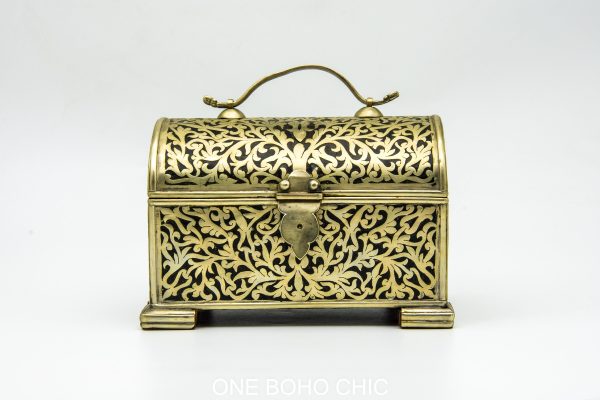Vintage moroccan jewelry box made from copper and hand engraved with natural stone Chest - chest ethnic handmade wooden - chest ethnic
