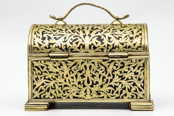 Vintage moroccan jewelry box made from copper and hand engraved with natural stone Chest - chest ethnic handmade wooden - chest ethnic