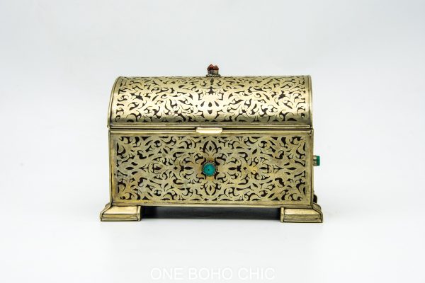 Vintage moroccan engraved copper decorated with beautiful natural stone - chest ethnic handmade wooden - chest ethnic