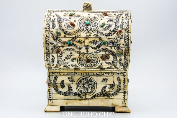 Old royal engraved chest decorated with beautiful natural stone - chest ethnic handmade wooden