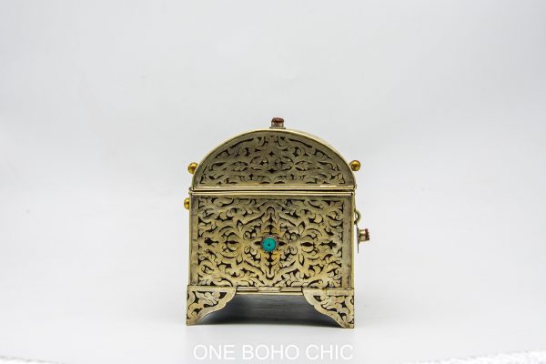 Vintage moroccan engraved copper decorated with beautiful natural stone - chest ethnic handmade wooden - chest ethnic