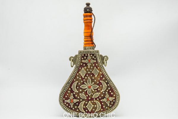 Antique Moroccan Wood Hand Painted Decorative Water Bottle - Old Ethnic Wood and metal Bottle Berber Morocco