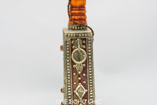 Antique Moroccan Wood Hand Painted Decorative Water Bottle - Old Ethnic Wood and metal Bottle Berber Morocco