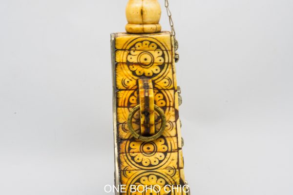 Antique Moroccan Wood Hand Painted Decorative Water Bottle - Old Ethnic Wood and metal Bottle Berber Morocco